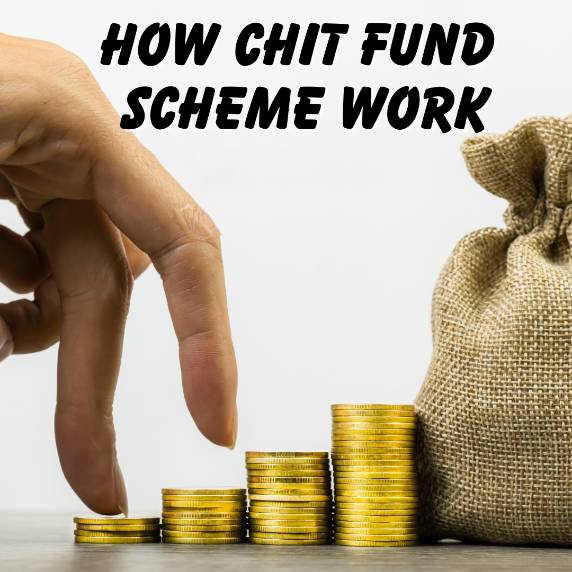 How chit fund scheme work – visual of coins stacked and a hand moving towards a money bag, symbolizing savings and financial growth.